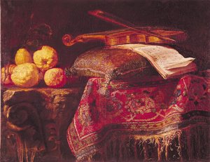 Naturaleza muerta de frutas e instrumentos musicales
